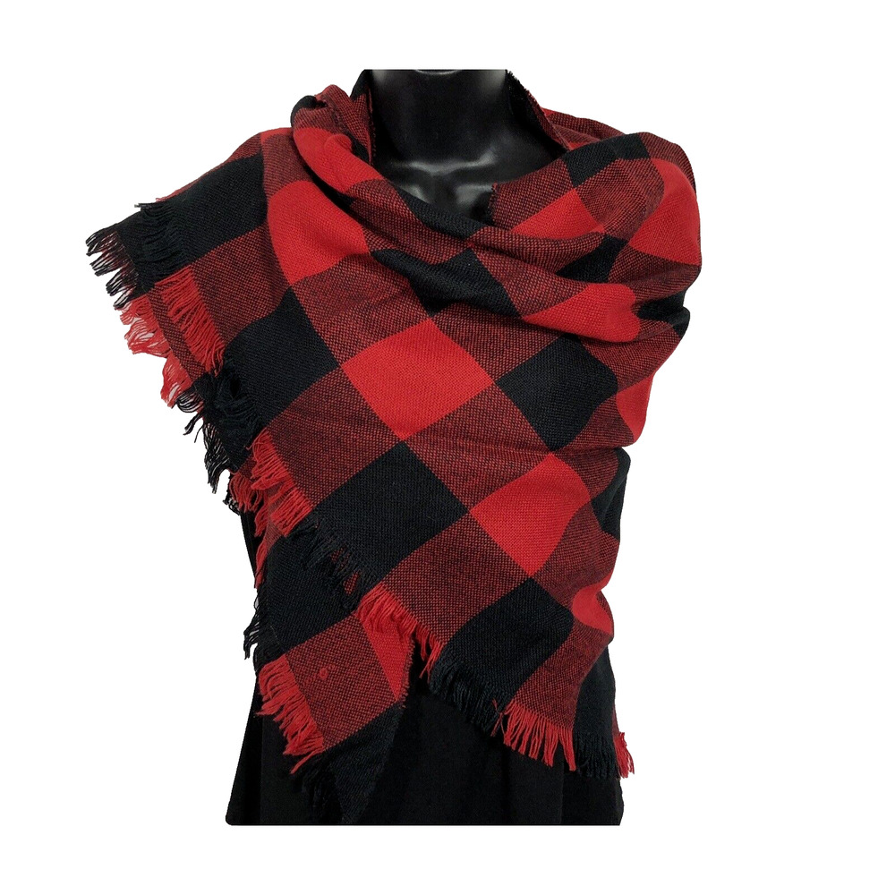 Vintage Buffalo Plaid Scarf Triangle, Red and Black Large Fringed, 70" across